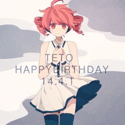 Rule 34 | 10s, 1girl, 2014, bare arms, bare shoulders, black thighhighs, buttons, casual, character name, collared dress, dated, dress, drill hair, hands on own chest, happy birthday, kasane teto, looking at viewer, maco22, pleated dress, red eyes, red hair, sleeveless, sleeveless dress, smile, solo, thighhighs, twin drills, two-sided fabric, two-sided skirt, utau, watermark, white dress, wind, wing collar, wristband, zettai ryouiki
