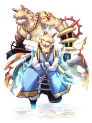 Rule 34 | 2boys, alpaca, arch bishop (ragnarok online), bell, blue coat, closed mouth, coat, commentary request, crossed arms, electricity, emon-yu, full body, furrification, furry, furry male, gauntlets, jewelry, looking at viewer, male focus, multicolored coat, multiple boys, necklace, on one knee, pants, ragnarok online, sura (ragnarok online), topless male, two-tone coat, white background, white coat, white pants