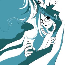 Rule 34 | 1boy, 1girl, abstract, age difference, aged down, alucard (hellsing), aqua theme, blue theme, child, coat, glasses, hellsing, integra hellsing, limited palette, long hair, lowres, male focus, monochrome, oekaki, overcoat, pop art, siblings, sisters, solid&amp;etc, twins, vampire