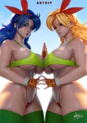 Rule 34 | 2021, 2girls, adapted costume, artnip, blonde hair, blonde pubic hair, blue hair, blue legwear, blue pubic hair, breast press, breasts, bursting breasts, colored pubic hair, covered erect nipples, cowboy shot, curly hair, dragon ball, dragon ball (classic), dual persona, female pubic hair, fingerless gloves, gloves, green sports bra, green thighhighs, highleg, highleg panties, large breasts, long hair, looking at viewer, lunch (bad) (dragon ball), lunch (dragon ball), lunch (good) (dragon ball), multiple girls, orange gloves, panties, pubic hair, pubic hair peek, red panties, revealing clothes, sideboob, signature, skindentation, sports bra, standing, strap gap, symmetrical docking, symmetrical hand pose, symmetrical pose, thick thighs, thighhighs, thighs, underboob, underwear