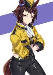 Rule 34 | 1girl, ascot, breast pocket, brown hair, byerley turk (umamusume), commentary request, cowboy shot, cropped jacket, crossed arms, ear ornament, garrison cap, hat, horse girl, horse tail, horseshoe ornament, jacket, leather, leather pants, long sleeves, looking at viewer, midriff peek, military jacket, minarai, multicolored hair, open clothes, open jacket, pants, pocket, purple background, purple eyes, shiny clothes, short hair, solo, suspenders, tail, two-tone background, two-tone hair, umamusume, v-shaped eyebrows, white ascot, white background, yellow hat, yellow jacket
