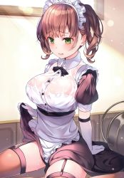 Rule 34 | 1girl, absurdres, apron, black dress, bow, bowtie, breasts, brown hair, brown thighhighs, buttons, clothes lift, dress, dress lift, garter straps, green eyes, highres, large breasts, long hair, maid, maid apron, maid headdress, open mouth, original, ringozaka mariko, scan, see-through, shirt, short dress, sidelocks, sitting, solo, thighhighs, twintails, wet, wet clothes, wet shirt, wing collar