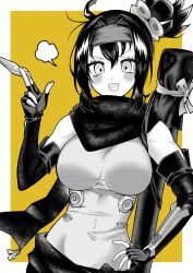 Rule 34 | bare shoulders, breasts, duel monster, elbow gloves, enmo takeshita, gloves, headband, highres, holding, holding weapon, kunai, large breasts, ponytail, s-force rappa chiyomaru, s:p little knight, scarf, smile, weapon
