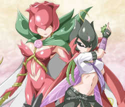 Rule 34 | 2girls, bancholilimon, banchou, belt, between breasts, breasts, cape, clothing cutout, delinquent, digimon, large breasts, lipstick, makeup, midriff, multiple girls, navel, navel cutout, rosemon, thorns
