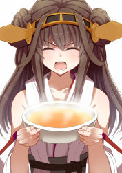 Rule 34 | 10s, 1girl, ahoge, bad id, bad pixiv id, bare shoulders, blush, bowl, brown hair, commentary request, detached sleeves, closed eyes, hairband, japanese clothes, kantai collection, kitsuneko azarashi, kongou (kancolle), long hair, open mouth, pee, peeing, peeing in cup, personification, solo, steam, wide sleeves