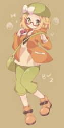 Rule 34 | 1girl, bag, bianca (pokemon), blonde hair, blush, bow, closed mouth, commentary request, copyright name, creatures (company), game freak, glasses, green eyes, green hat, green pants, hands up, hat, hat bow, highres, holding, holding poke ball, knees together feet apart, legs together, long sleeves, looking at viewer, medium hair, nintendo, pants, poke ball, poke ball (basic), pokemon, pokemon bw2, red-framed eyewear, semi-rimless eyewear, shoulder bag, smile, solo, star (symbol), yoshida makura