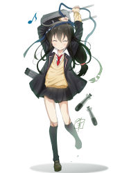 Rule 34 | &gt;:), 10s, 1girl, arms up, black hair, black socks, blazer, cardigan, closed eyes, full body, hatsushimo (kancolle), hatsushimo kai ni (kancolle), holding, jacket, kantai collection, kneehighs, loafers, long hair, long sleeves, low-tied long hair, md5 mismatch, musical note, necktie, open clothes, open jacket, pleated skirt, quaver, ribbon, school uniform, shirt, shoes, signature, skirt, smile, socks, solo, standing, standing on one leg, torpedo, v-neck, v-shaped eyebrows, white background, yamasaki wataru
