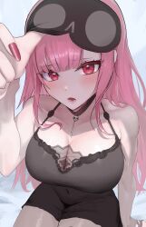 Rule 34 | 1girl, :&lt;, :o, armpit crease, artist request, bare shoulders, black camisole, black choker, black mask, black nightgown, blush, breasts, camisole, choker, cleavage, closed mouth, collarbone, commentary, eye mask, grey background, highres, hololive, hololive english, large breasts, light blush, long hair, looking at viewer, mask, mask on head, messy hair, mori calliope, mori calliope (sleepwear), nightgown, official alternate costume, one eye closed, pink eyes, pink hair, red nails, red ribbon, ribbon, sezechang, simple background, skull choker, skull collar, sleep mask, sleepwear, solo, virtual youtuber, wavy mouth
