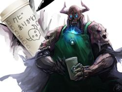 Rule 34 | 1boy, apron, armor, blue fire, coffee, coffee cup, commentary request, cup, disposable cup, drawing, fate/grand order, fate (series), fire, glowing, glowing eyes, green apron, heart, horns, king hassan (fate), male focus, mask, pen, re lucy, simple background, skull, skull mask, solo, starbucks, translation request, twitter username, white background, writing