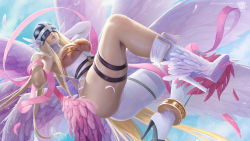 Rule 34 | 1girl, angel, angewomon, ass, blonde hair, covered eyes, day, digimon, digimon (creature), elbow gloves, falling feathers, feathers, gloves, helmet, helmet over eyes, high heels, highres, long hair, outdoors, patreon username, prywinko, signature, solo, white footwear, white gloves, white wings, winged helmet, wings