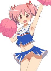 Rule 34 | 1girl, :d, alternate costume, arm up, armpits, bare arms, bare shoulders, blue skirt, blush, cheerleader, cleft of venus, commentary request, cowboy shot, crop top, denkaisui, female focus, groin, hair ribbon, highres, holding, kaname madoka, looking at viewer, mahou shoujo madoka magica, mahou shoujo madoka magica (anime), midriff, navel, no panties, open mouth, pink hair, pom pom (cheerleading), pussy, red eyes, red ribbon, ribbon, short hair, simple background, skirt, sleeveless, smile, solo, standing, two side up, uncensored, upskirt, white background