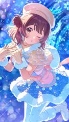 1girl boots brown_eyes brown_hair capelet fur_trim gakuen_idolmaster game_cg gloves hanami_ume hat heart high-waist_skirt idolmaster official_art one_eye_closed pantyhose skirt solo white_pantyhose