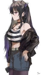 Rule 34 | 1girl, bare shoulders, black choker, black hair, black jacket, blue shorts, blush, breasts, brown headwear, choker, commentary request, cone hair bun, crop top, ear piercing, from side, gradient hair, hair between eyes, hair bun, hair horns, hand on own hip, highres, holding, holding phone, jacket, large breasts, long hair, looking at viewer, mole, mole on breast, multicolored hair, off shoulder, original, pantyhose, phone, piercing, purple eyes, purple hair, saya (mychristian2), shirt, shorts, simple background, solo, striped clothes, striped shirt, very long hair, white background