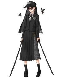 Rule 34 | 1girl, black butterfly, black footwear, black headwear, black jacket, black skirt, black socks, blunt bangs, blunt ends, bug, butterfly, collared shirt, dual wielding, ear piercing, earrings, highres, holding, insect, jacket, jewelry, long hair, long skirt, looking at viewer, original, parted lips, piercing, pleated skirt, rinotuna, shirt, shoes, simple background, skirt, socks, solo, sunglasses, sword, weapon, white background, white shirt
