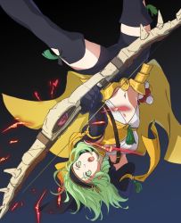 Rule 34 | 1girl, absurdres, aiming, aiming at viewer, alternate costume, asao (vc), bow (weapon), breasts, byleth (female) (fire emblem), byleth (fire emblem), cape, claude von riegan, dynamic pose, fire emblem, fire emblem: three houses, gloves, green eyes, headband, highres, long hair, navel, nintendo, shorts, simple background, solo, thighhighs, upside-down, weapon, yellow cape