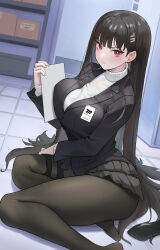Rule 34 | 1girl, absurdres, black hair, black pantyhose, black skirt, blue archive, blunt bangs, blush, breasts, bright pupils, hair ornament, hairclip, highres, holding, holding tablet pc, holster, ildy, jacket, large breasts, long hair, long sleeves, looking at viewer, pantyhose, pleated skirt, red eyes, rio (blue archive), skirt, solo, sweater, tablet pc, thigh holster, turtleneck, turtleneck sweater, very long hair, white sweater
