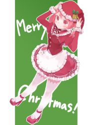 Rule 34 | adjusting clothes, adjusting headwear, alternate costume, apron, bell, collar, dress, frilled collar, frilled skirt, frills, from above, hair bobbles, hair ornament, hat, high heels, highres, kantai collection, looking at viewer, merry christmas, pink eyes, pink hair, red dress, santa costume, santa hat, sazanami (kancolle), shoes, short hair, skirt, smile, solo, suppaman (rfjy), thighhighs, twintails, white thighhighs