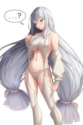 Rule 34 | 1girl, absurdres, alternate costume, arknights, bare shoulders, bowlp, breasts, clothes grab, collarbone, commentary, commentary request, detached sleeves, english commentary, expressionless, eyelashes, feet out of frame, fingernails, from side, grey hair, groin, hair between eyes, hair ribbon, hand up, head tilt, high collar, highres, knees, large breasts, legs, long hair, long sleeves, looking at viewer, looking to the side, low twintails, meme attire, mixed-language commentary, navel, no bra, paid reward available, panties, parted lips, partial commentary, puffy long sleeves, puffy sleeves, red eyes, ribbed panties, ribbed sleeves, ribbed sweater, ribbed thighhighs, ribbon, shade, shadow, shiny skin, side-tie panties, sideboob, sidelocks, simple background, skadi (arknights), sleeveless, sleeveless sweater, solo, speech bubble, standing, stomach, straight hair, sweater, thighhighs, thighs, turtleneck, turtleneck sweater, twintails, underboob, underwear, very long hair, virgin destroyer sweater, white background, white panties, white ribbon, white sleeves, white sweater, white thighhighs