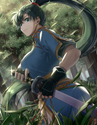 Rule 34 | 1girl, closed mouth, delsaber, earrings, fingerless gloves, fire emblem, fire emblem: the blazing blade, fire emblem heroes, gloves, green eyes, green hair, high ponytail, highres, holding, holding sword, holding weapon, jewelry, long hair, lyn (fire emblem), nintendo, outdoors, pelvic curtain, ponytail, side slit, sword, tree, weapon
