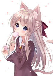 Rule 34 | 1girl, animal ear fluff, animal ears, anz32, bad id, bad pixiv id, blue eyes, blush, bow, brown dress, brown hair, cat ears, cat girl, cat tail, commentary request, dango, dress, food, food in mouth, hair bow, long hair, long sleeves, looking at viewer, mouth hold, original, petals, red bow, sailor collar, sailor dress, sidelocks, simple background, solo, tail, twitter username, upper body, very long hair, wagashi, white background, white sailor collar
