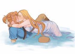 Rule 34 | 1boy, 1girl, blonde hair, bracer, breast press, breasts, brown hair, cleavage, couple, dress, earrings, closed eyes, french kiss, girl on top, hair down, hand on another&#039;s waist, hetero, highres, jewelry, kiss, kukumomo, link, long dress, long hair, medium breasts, nintendo, nipples, no bra, no panties, partially submerged, pointy ears, princess zelda, see-through, short ponytail, strapless, strapless dress, the legend of zelda, the legend of zelda: breath of the wild, thick eyebrows, triforce, tunic, wading, water, wet, wet clothes, wet dress, white dress