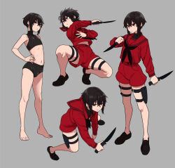 Rule 34 | 1girl, barefoot, black shorts, black sports bra, brown hair, dual wielding, feet, fumitan (humitan), grey background, hands on own hips, highres, holding, holding knife, jacket, knife, multiple views, original, red eyes, red jacket, red shirt, scabbard, sheath, shirt, short hair, shorts, solo, sports bra, squatting, stomach