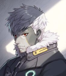 Rule 34 | 1boy, black jacket, closed mouth, colored skin, commentary request, decoponmagi, fur-trimmed jacket, fur trim, grey hair, grey skin, highres, jacket, lanz (xenoblade), looking at viewer, male focus, procreate (medium), red eyes, revision, solo, thick eyebrows, upper body, v-shaped eyebrows, xenoblade chronicles (series), xenoblade chronicles 3