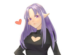 Rule 34 | 1girl, alternate eye color, alternate hair color, breasts, medea (fate), cleavage, cleavage cutout, clothing cutout, commentary request, fate/grand order, fate (series), head tilt, heart, heart cutout, highres, large breasts, long hair, looking at viewer, pointy ears, purple eyes, purple hair, shu guang [a lie], simple background, solo, white background