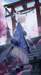 Rule 34 | 1girl, absurdres, architecture, blue archive, cherry blossoms, closed mouth, east asian architecture, grey eyes, hair ornament, halo, haori, highres, japanese clothes, kimono, long hair, long sleeves, looking at viewer, nagusa (blue archive), outdoors, petals, pleated skirt, skirt, sleeves past fingers, sleeves past wrists, solo, wide sleeves, yi zhi kewu de shuita