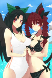 Rule 34 | 2girls, animal ears, bad id, bad pixiv id, beach, bikini, black hair, black wings, bow, braid, breasts, cat ears, cat tail, cleavage, cloud, day, hair bow, jont, kaenbyou rin, long hair, medium breasts, multiple girls, one-piece swimsuit, open mouth, outdoors, red eyes, red hair, reiuji utsuho, ribbon, short hair, sky, smile, swimsuit, tail, touhou, twin braids, water, white one-piece swimsuit, wings