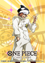 Rule 34 | 1boy, brown hair, commentary request, copyright name, feet out of frame, hand in pocket, hat, highres, index finger raised, jumpsuit, looking at viewer, male focus, matoki misa, motion lines, one piece, one piece card game, shachi (one piece), short hair, smile, solo, sparkle, sunglasses, white jumpsuit, yellow background
