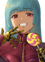 Rule 34 | 1girl, blue hair, bodysuit, breasts, candy, food, grin, highres, kula diamond, long hair, looking at viewer, medium breasts, red eyes, smile, smug, solo, the king of fighters