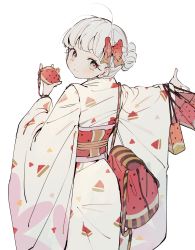 Rule 34 | 1girl, ahoge, bag, blush, bow, closed mouth, food, food print, fruit, grey eyes, hair bow, hair bun, hand up, highres, holding, japanese clothes, kimono, looking back, mormormorp, obi, original, pouch, red bow, red pupils, sash, shopping bag, short hair, simple background, smile, solo, watermelon, watermelon print, white background, white hair, white kimono