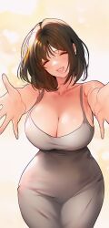 Rule 34 | absurdres, ass, big belly, breasts, brown hair, dated, dress, full body, haremhouse2024, highres, indoors, kiss, legs, long hair, pussy, red eyes, skirt, solo, thighs, white background, wide hips