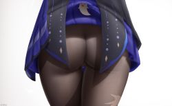Rule 34 | 1girl, ass, ass focus, black pantyhose, blue skirt, cameltoe, cleft of venus, clothes lift, female focus, from behind, genshin impact, ghost print, highres, keqing (genshin impact), lower body, miniskirt, no panties, out of frame, pantyhose, pleated skirt, pussy juice, simple background, skirt, skirt lift, solo, thigh gap, wet, wet clothes, white background, z282g