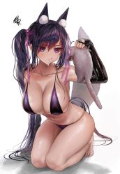 Rule 34 | 1girl, animal, animal ear fluff, animal ears, annie (destiny child), arm up, armpits, bad id, bad twitter id, bare legs, bare shoulders, barefoot, bikini, black gloves, black hair, breasts, carrying, cat, cleavage, closed mouth, collarbone, destiny child, elbow gloves, extra ears, fingerless gloves, fox ears, fox tail, gloves, highres, kneeling, large breasts, latex, latex gloves, long hair, mole, mole on breast, mole on stomach, mouth hold, myabit, nail polish, navel, purple bikini, purple eyes, shadow, sidelocks, simple background, skindentation, solo, squiggle, stomach, string bikini, swimsuit, tail, thighs, toenail polish, toenails, twintails, very long hair, white background