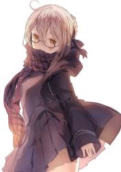 Rule 34 | 1girl, ahoge, arched back, artoria pendragon (all), artoria pendragon (fate), bad id, bad twitter id, black-framed eyewear, black skirt, blonde hair, blush, braid, coat, duffel coat, fate/grand order, fate (series), french braid, fringe trim, from side, glasses, looking at viewer, mysterious heroine x alter (fate), mysterious heroine x alter (first ascension) (fate), open clothes, open coat, opopowa, parted lips, plaid, plaid scarf, pleated skirt, saber (fate), scarf, school uniform, semi-rimless eyewear, serafuku, simple background, skirt, solo, under-rim eyewear, white background, yellow eyes