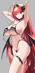 Rule 34 | 1girl, ahoge, armpits, arms behind head, arms up, azur lane, belt, bikini, black bikini, black choker, black hairband, black horns, breasts, choker, curled horns, demon wings, grey background, hair between eyes, hair intakes, hairband, highleg, highleg bikini, highres, hindenburg (azur lane), horns, huge breasts, long hair, looking at viewer, misano, navel, o-ring, o-ring bikini, parted lips, red eyes, red hair, simple background, sketch, slit pupils, solo, stomach, swimsuit, thigh belt, thigh strap, thighs, very long hair, wings