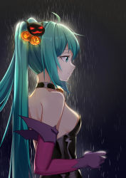 Rule 34 | 1girl, absurdres, aqua eyes, aqua hair, arm up, bell, black background, black leotard, breasts, collar, detached sleeves, facing to the side, from side, gloves, hair ornament, hatsune miku, highres, leotard, long hair, looking to the side, medium breasts, neck bell, profile, purple gloves, rain, rand, sideboob, sidelocks, smile, solo, twintails, upper body, very long hair, vocaloid, zuiai gongzhu dianxia