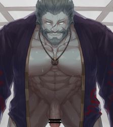 Rule 34 | 1boy, abs, warrior of light (ff14), bar censor, bara, bare pectorals, beard, censored, colored skin, come hither, cowboy shot, erection, facial hair, final fantasy, final fantasy xiv, green eyes, green hair, green skin, jacket, jewelry, large pectorals, looking at viewer, male focus, mature male, muscular, muscular male, naked jacket, navel, necklace, nipples, pectorals, penis, pov, roegadyn, scar, scar on face, scar on nose, short hair, smile, solo, stomach, sweat, thick thighs, thighs, uori, veins, veiny penis