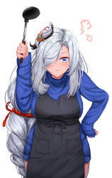 Rule 34 | 1girl, absurdres, angry, apron, blue eyes, blush, braid, breasts, genshin impact, hair ornament, hair over one eye, half-closed eye, hand on own hip, highres, ladle, leaning forward, long hair, long sleeves, low-braided long hair, low-tied long hair, shenhe (genshin impact), simple background, sweater, tabunshake, turtleneck, turtleneck sweater, very long hair, white background, white hair