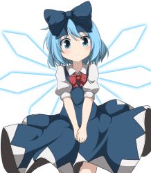 Rule 34 | 1girl, alternate hairstyle, blue dress, blue hair, bow, cirno, do (4-rt), dress, hair bow, highres, ice, ice wings, looking at viewer, puffy short sleeves, puffy sleeves, shirt, short sleeves, simple background, solo, touhou, v arms, white background, wings