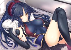 Rule 34 | 1girl, black hair, breasts, fate/grand order, fate (series), high ponytail, indoors, joints, katou danzou (fate), leotard, long hair, lying, mechanical arms, mechanical legs, medium breasts, on back, pillow, ponytail, robot joints, sebire, single mechanical arm, smile, solo, yellow eyes