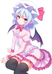 Rule 34 | 1girl, bat wings, black thighhighs, blue hair, bow, bowtie, center frills, frilled skirt, frills, hat, hat ribbon, hip focus, juliet sleeves, junior27016, long sleeves, looking at viewer, mob cap, pink skirt, pointy ears, puffy sleeves, red bow, red bowtie, red eyes, red ribbon, remilia scarlet, ribbon, simple background, sitting, skirt, smile, solo, thighhighs, touhou, white background, wings, wrist cuffs, zettai ryouiki