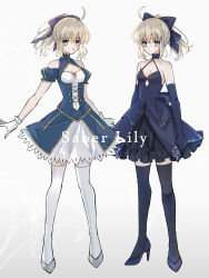 Rule 34 | 2girls, absurdres, adapted costume, ahoge, artoria pendragon (all), artoria pendragon (fate), black bow, black gloves, black jacket, black pantyhose, black skirt, blue footwear, blue sleeves, bow, breasts, character name, cleavage, cleavage cutout, clothing cutout, cosplay, detached sleeves, elbow gloves, fate/stay night, fate/unlimited codes, fate (series), floating hair, full body, gloves, green eyes, hair between eyes, hair bow, high heels, high ponytail, highres, jacket, long hair, looking at viewer, multiple girls, nayu tundora, pantyhose, pumps, purple bow, saber (fate), saber (fate) (cosplay), saber alter, saber alter (cosplay), saber lily, short sleeves, sidelocks, silver hair, simple background, skirt, skirt set, sleeveless, sleeveless jacket, small breasts, standing, thighhighs, white background, white gloves, white legwear, zettai ryouiki
