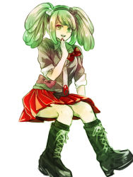 1girl alternate_costume bear_hair_ornament black_footwear black_hairband black_headband black_headwear black_shirt boots bow bowtie breasts calf_boots child collared_shirt cosplay danganronpa_(series) danganronpa_3_(anime) danganronpa_another_episode:_ultra_despair_girls ears enoshima_junko enoshima_junko_(cosplay) full_body green_eyes green_hair hair_ornament hairband hand_up headband high_heel_boots high_heels matching_hair/eyes nail_polish necktie official_alternate_costume open_mouth pleated_skirt red_bow red_nails red_skirt shirt short_sleeves simple_background skirt small_breasts teeth thighs tongue towa_monaca upper_teeth_only white_background