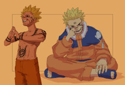 absurdres blonde_hair body_markings clenched_hand cosplay dochie domain_expansion evil_grin evil_smile facial_mark fangs grin hand_on_own_foot highres indian_style jacket jujutsu_kaisen naruto naruto_(series) open_mouth orange_background orange_jacket orange_pants pants red_eyes ryoumen_sukuna_(jujutsu_kaisen) ryoumen_sukuna_(jujutsu_kaisen)_(cosplay) sandals simple_background sitting smile toned toned_male topless_male trait_connection uzumaki_naruto