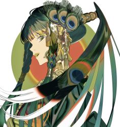 Rule 34 | 1girl, braid, braided ponytail, eyelashes, facial mark, feather hair ornament, feathers, green eyes, hair ornament, highres, juliet sleeves, ka9 qq, long hair, long sleeves, looking at viewer, multicolored clothes, open mouth, original, peacock feathers, peacock print, puffy sleeves, serious, side braids, simple background, solo, upper body, white background