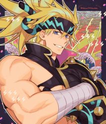 Rule 34 | 1boy, bandages, blonde hair, blue eyes, crossed arms, fate/grand order, fate (series), headband, sakata kintoki (heian warrior attire) (fate), igote, large pectorals, long hair, male focus, mature male, muscular, muscular male, nipples, official alternate costume, pectorals, sakata kintoki (fate), sara (kurome1127), sidepec, smile, solo