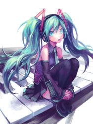 Rule 34 | 1girl, 9ibem, boots, detached sleeves, green eyes, green hair, hatsune miku, hugging own legs, long hair, matching hair/eyes, necktie, open mouth, piano keys, sitting, skirt, solo, thigh boots, thighhighs, twintails, vocaloid